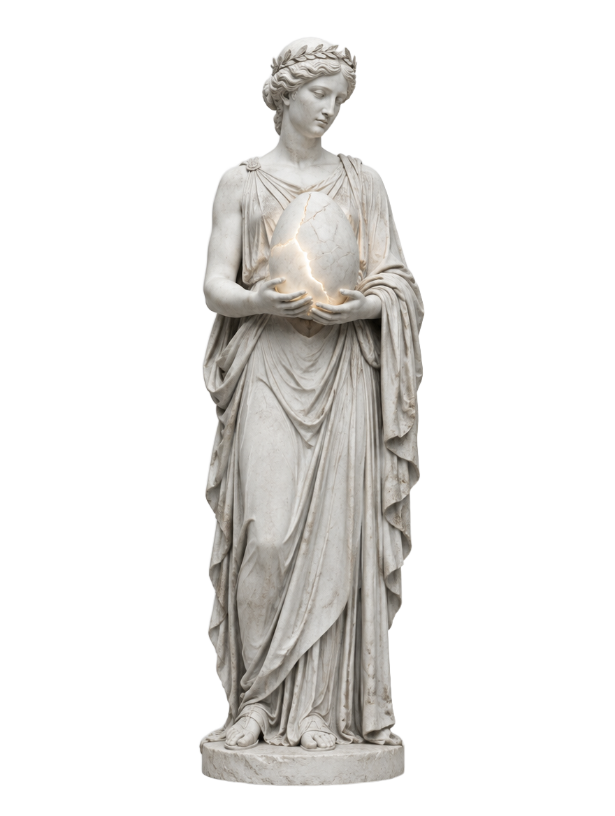 Marble statue of a Muse holding a cracked, glowing egg